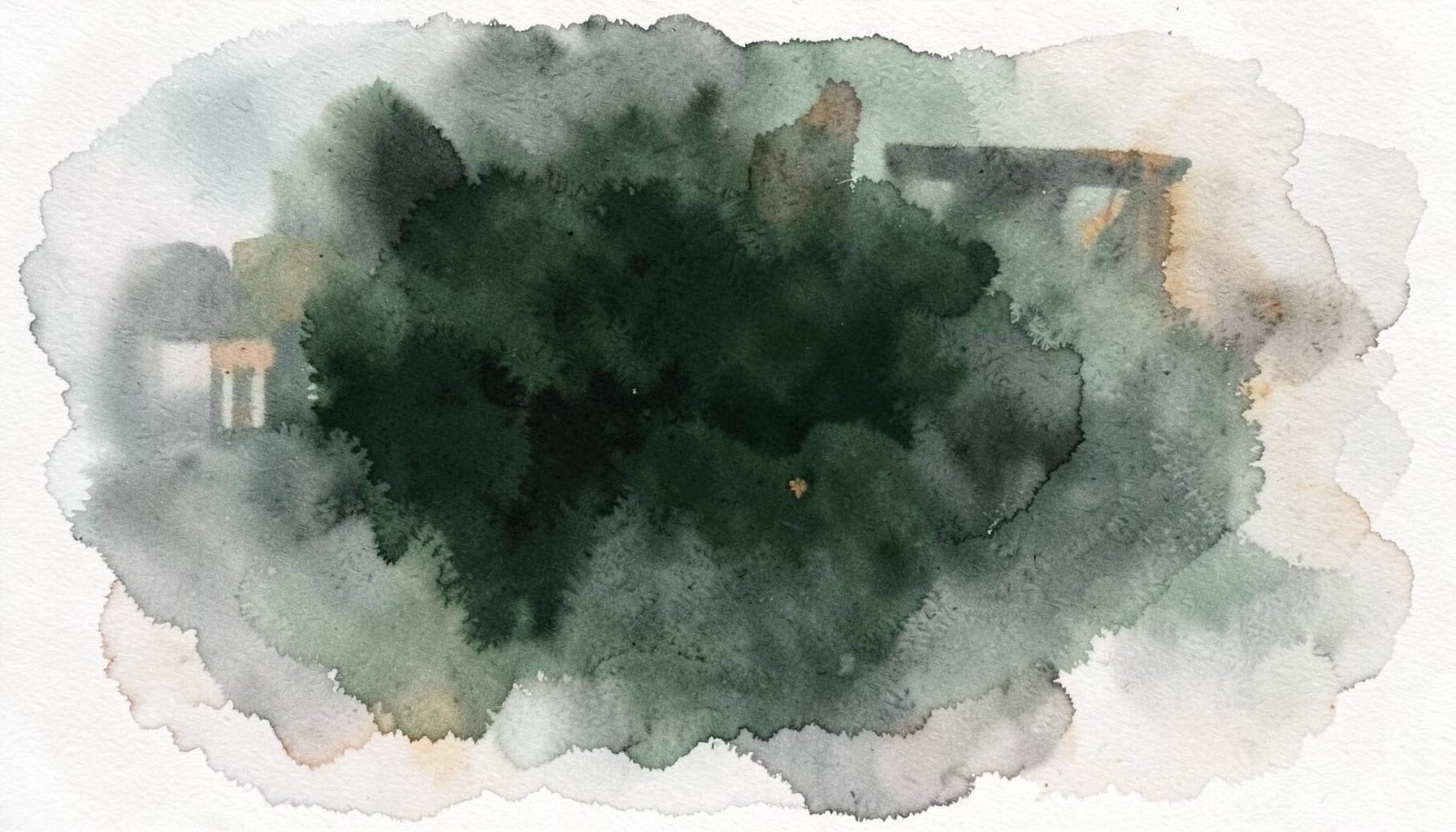 A soft watercolour wash of deep forest green fading into muted charcoal, with faint warm amber highlights suggesting a quiet marketplace atmosphere.