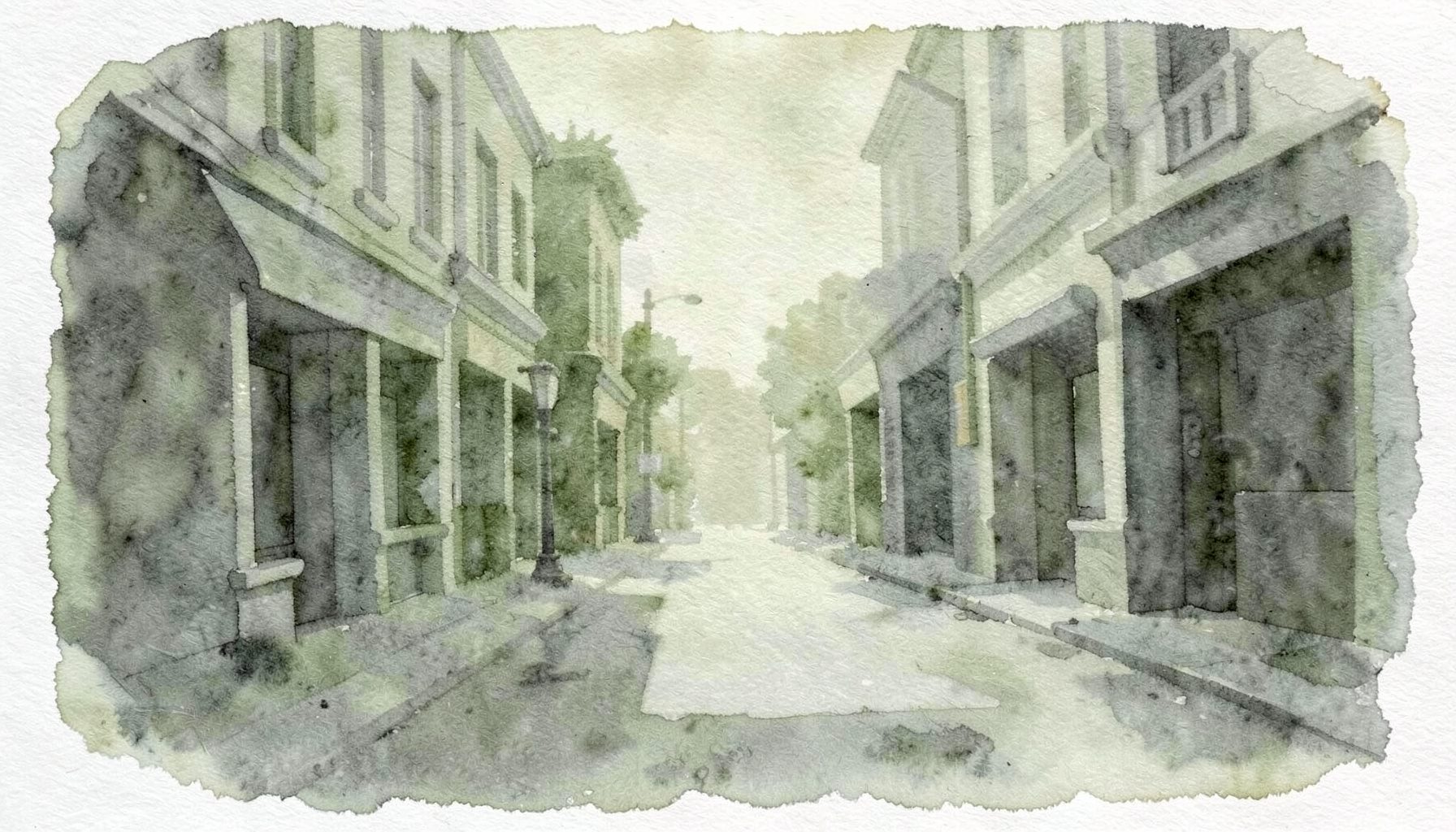 A soft watercolour scene in muted olive and slate tones, depicting a calm street with subtle storefront silhouettes and gentle morning light.