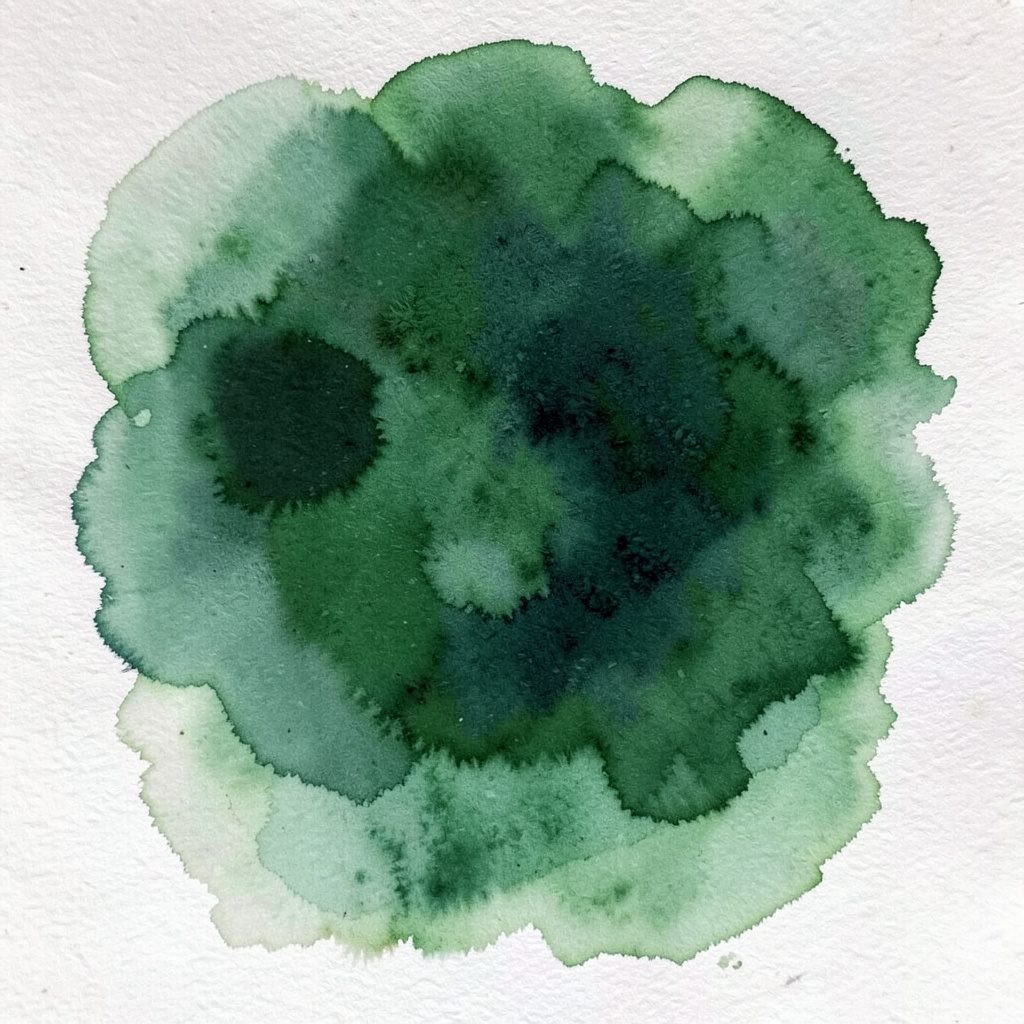 Soft watercolour rainbow arching across a dusky sky, muted greens and warm golds blending at the horizon