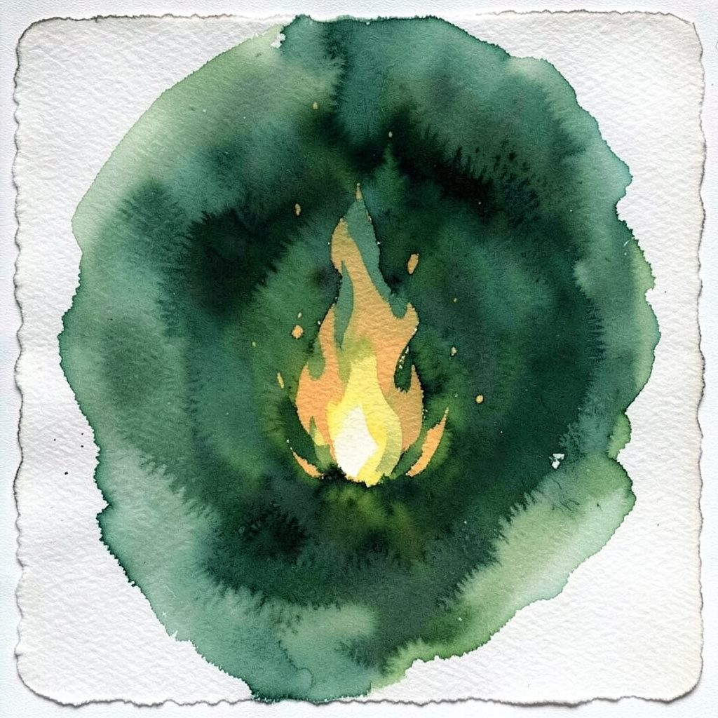 Soft watercolour of a glowing inner flame against a dark moody backdrop, deep oranges and muted blacks
