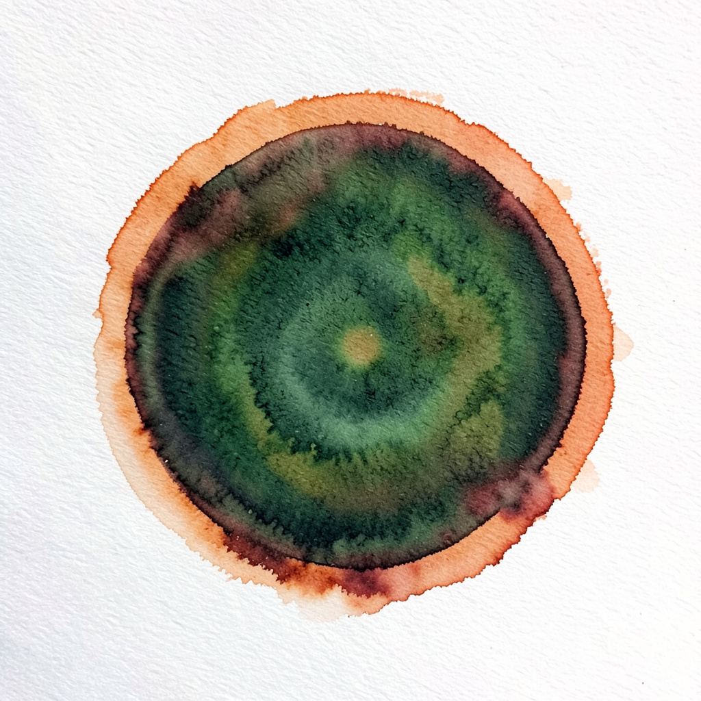 Soft watercolour circle in rust orange and deep brown, evoking a vehicle trader.