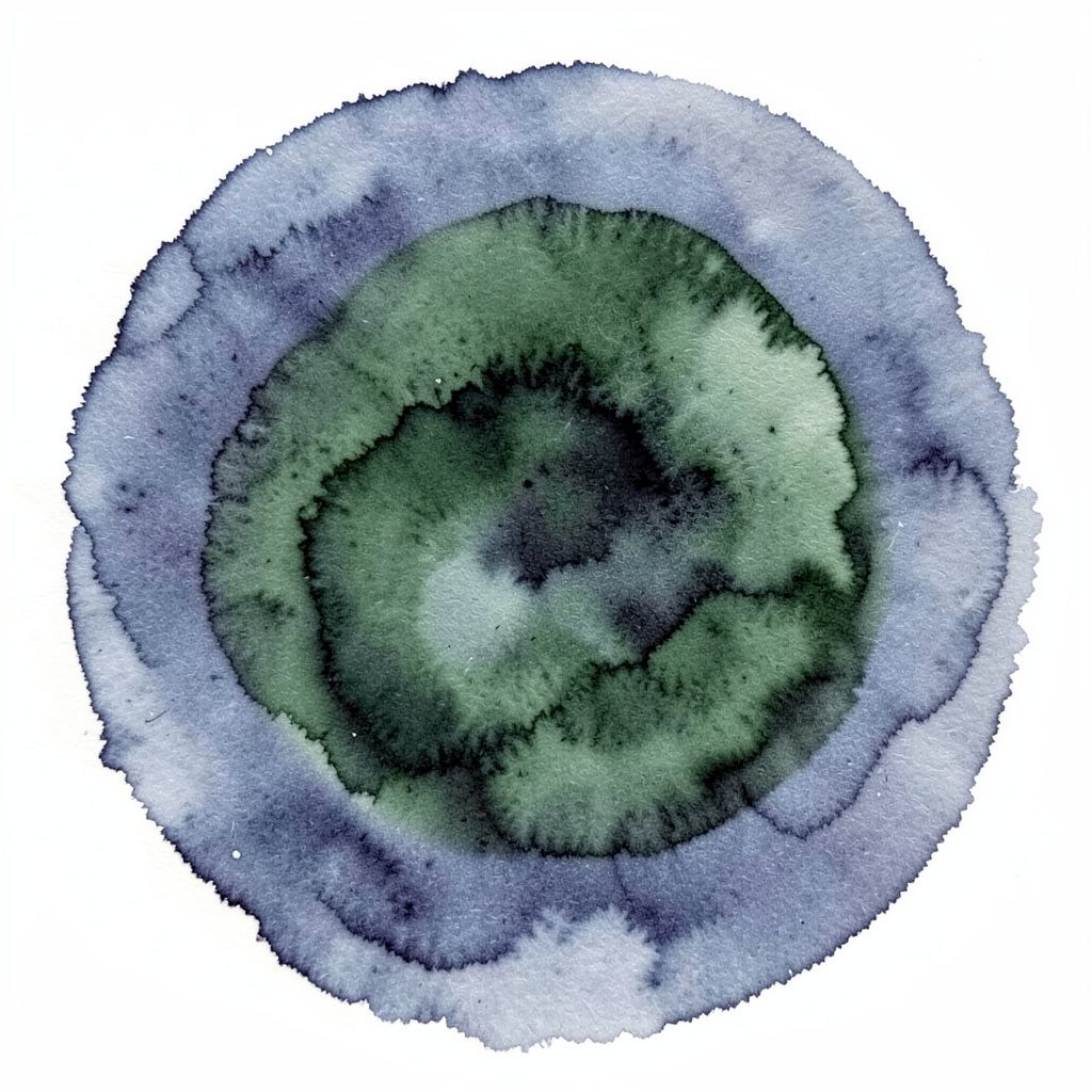 Soft watercolour circle in slate blue and charcoal, suggesting a professional service provider.