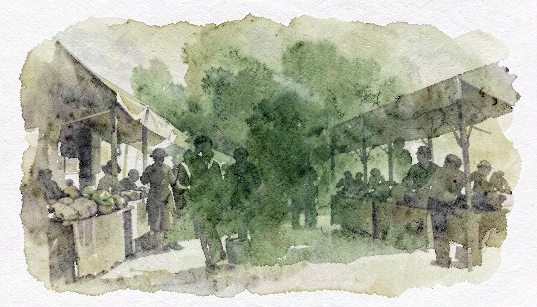 Soft watercolour wash in muted olive and charcoal tones, suggesting a quiet marketplace with subtle silhouettes of stalls and goods.