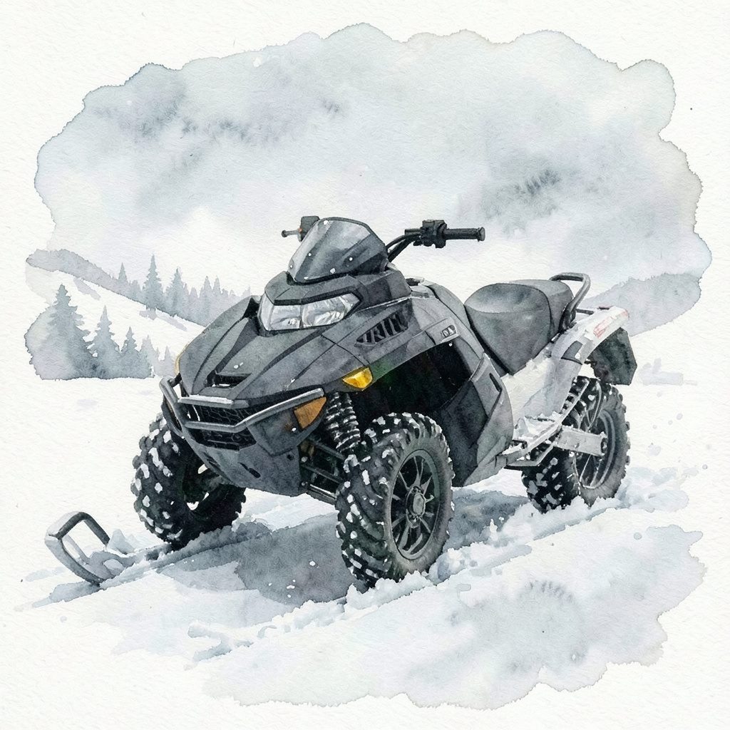 A snowmobile with dark body panels and aggressive stance, set against a snowy winter landscape in soft watercolour tones of white, slate blue, and charcoal
