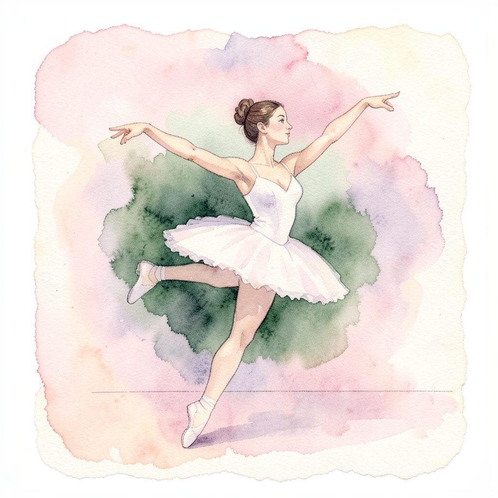 A ballet dancer in a graceful pose, soft watercolour in pale pink, ivory, and muted lavender tones against a warm studio background