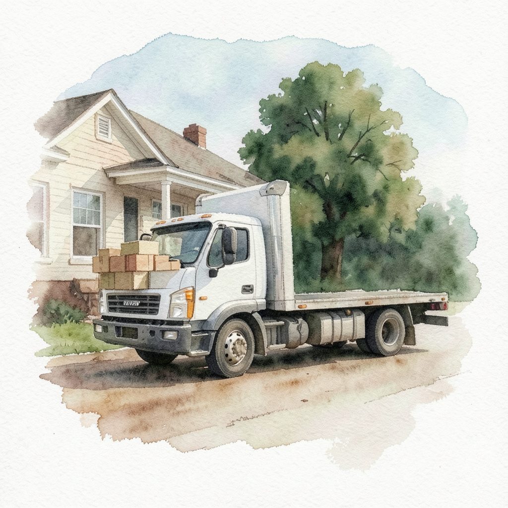 A moving truck parked beside a house with stacked boxes, rendered in soft watercolour washes of warm brown, muted green, and pale sky blue
