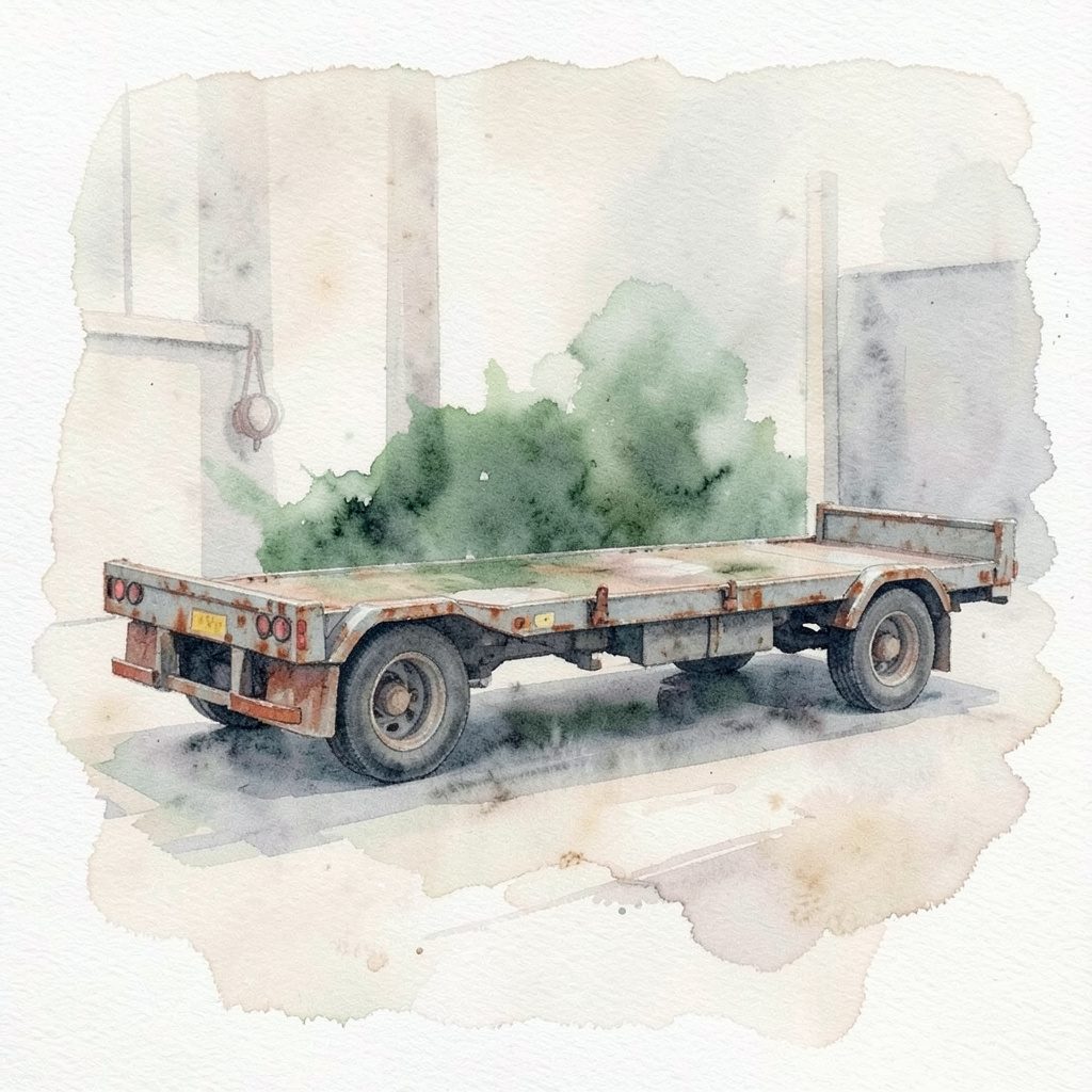 A flatbed high-load trailer in muted industrial grey and rust tones, depicted in a soft watercolour style against a pale workshop backdrop
