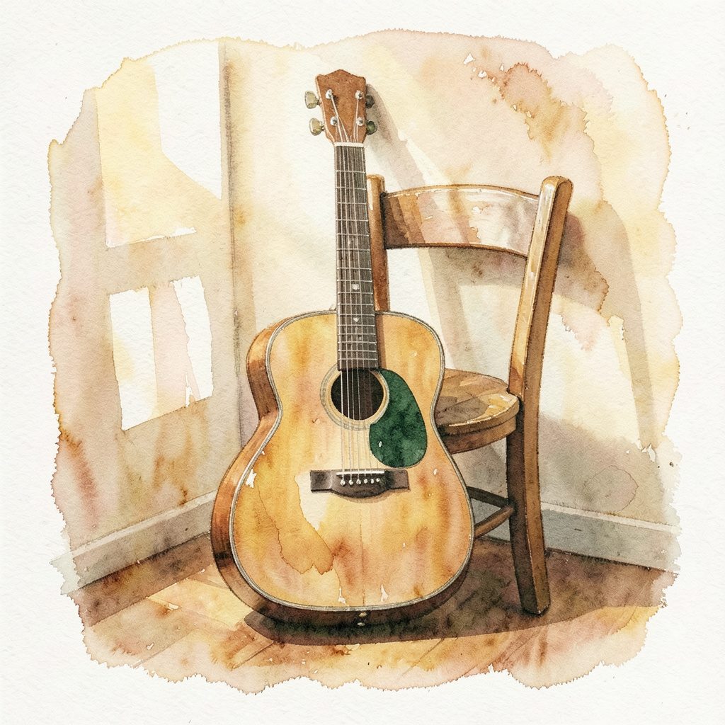 An acoustic guitar leaning against a chair in a softly lit room, watercolour in warm amber, honey brown, and cream tones