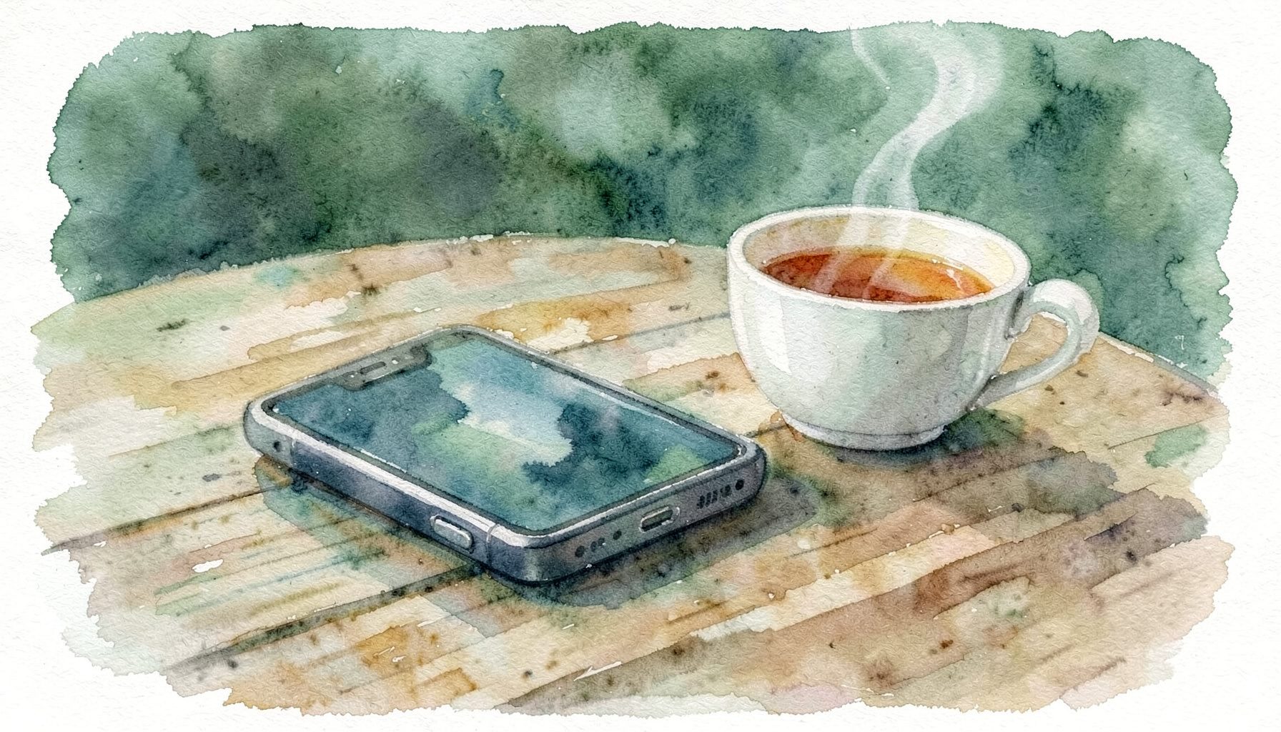 A soft watercolour painting of a mobile phone resting face-down on a weathered wooden table beside a steaming cup of tea, warm amber and muted teal tones blending into a calm, still atmosphere.