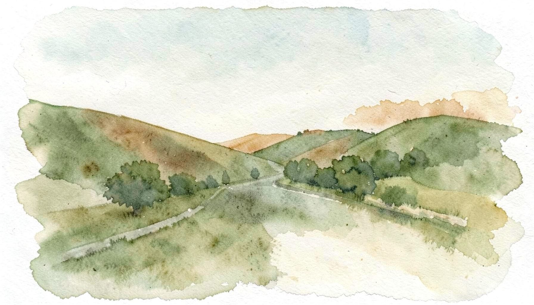 A soft watercolour landscape in muted olive greens and warm ochres, suggesting a quiet rural crossroads with low rolling hills under a pale sky.